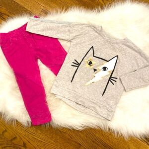 NWOT Joe Fresh T2 hot pink lightweight stretchy corduroy & Bowie cat long sleeve